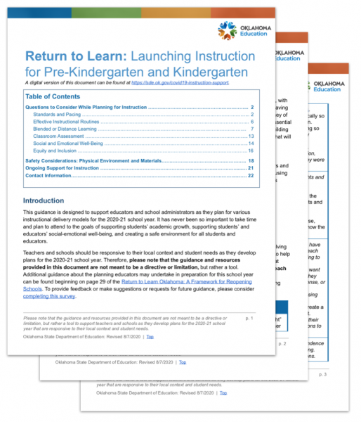 screenshot of the PreK/K Return to Learn document